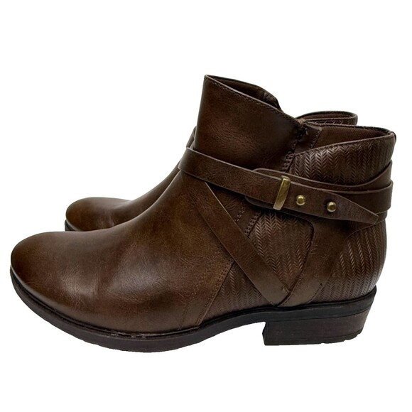 Baretraps Yadda Booties 8 Brown Ankle Boots Faux Leather Straps Low Heel Texture - Picture 3 of 9